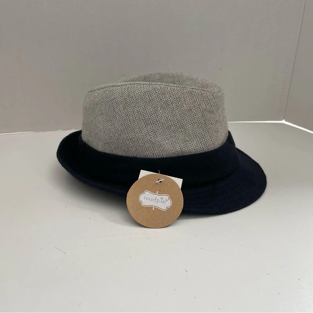 Mudpie Hat Fedora Herringbone Band Ribbed Brim Two Toned Grey Navy Blue